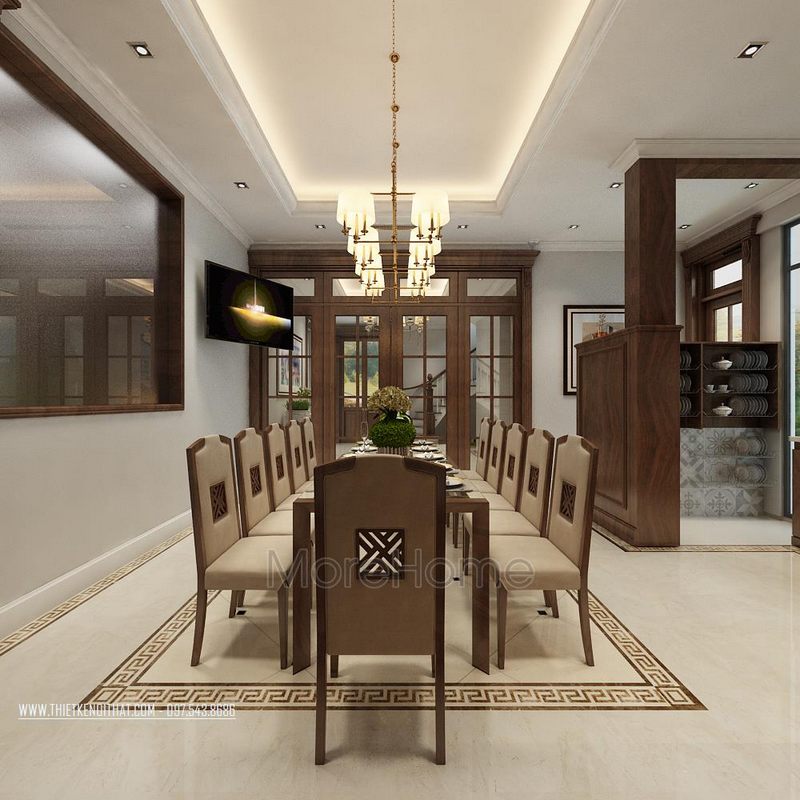 Thiết kế nội thất khu bàn ăn biệt thự tại Hà Nội sử dụng gỗ óc chó nhập khẩu